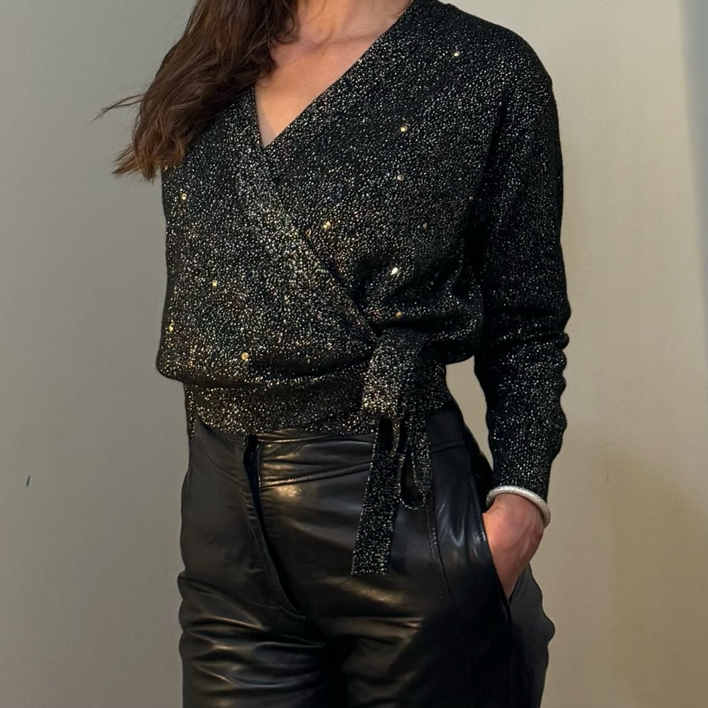 Vintage Luxury Popy Moreni Wrap Sweater, Wool, Black with Metallic Gold, SM/M